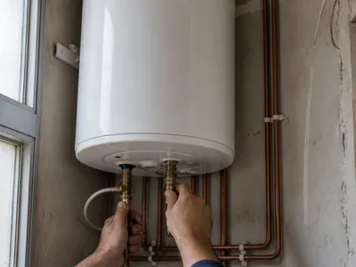 Termo eléctrico de vivienda con las tomas inferiores listas para revisión en Murcia