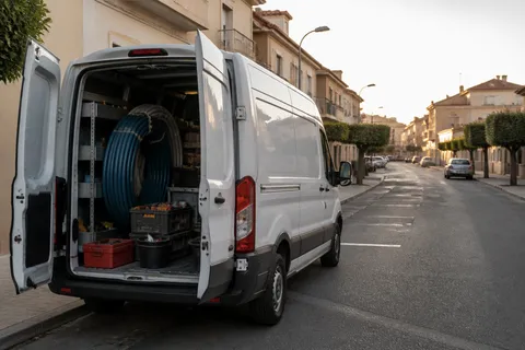 Furgoneta de trabajo sin rotular lista para un aviso de fontanería en un barrio de Molina de Segura