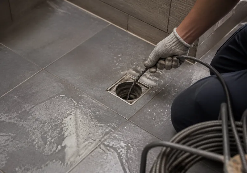 Herramientas de desatasco junto a un desagüe de cocina en una vivienda de Molina de Segura