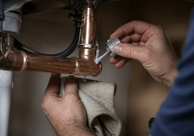 Manos de fontanero sellando una unión de cobre para reparar una fuga de agua en una vivienda de Molina de Segura